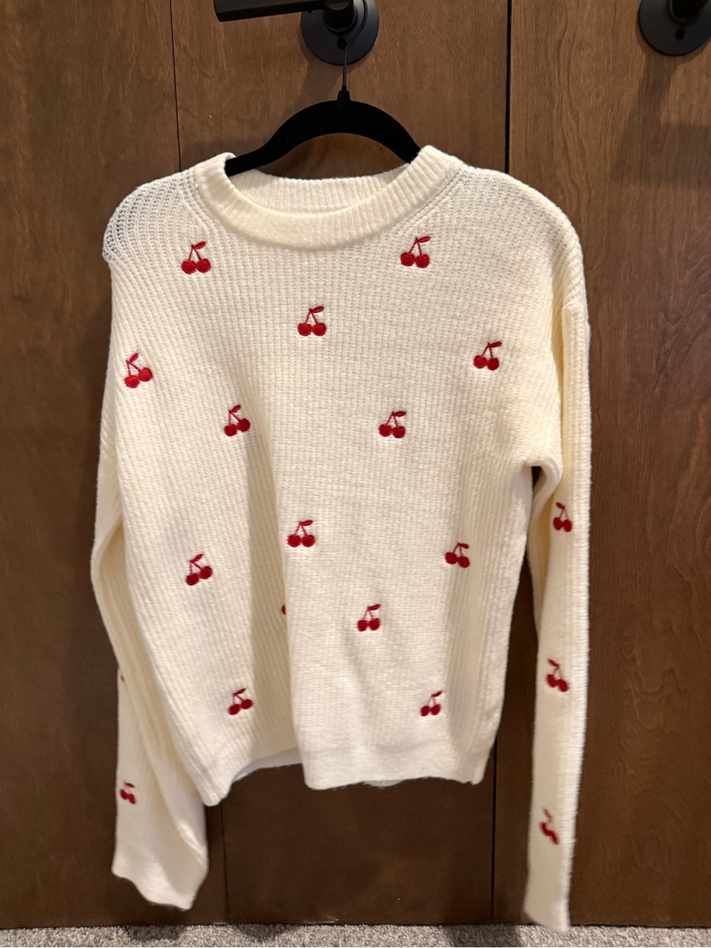 a new day Cream Sweater with Red Cherry Embroidery
